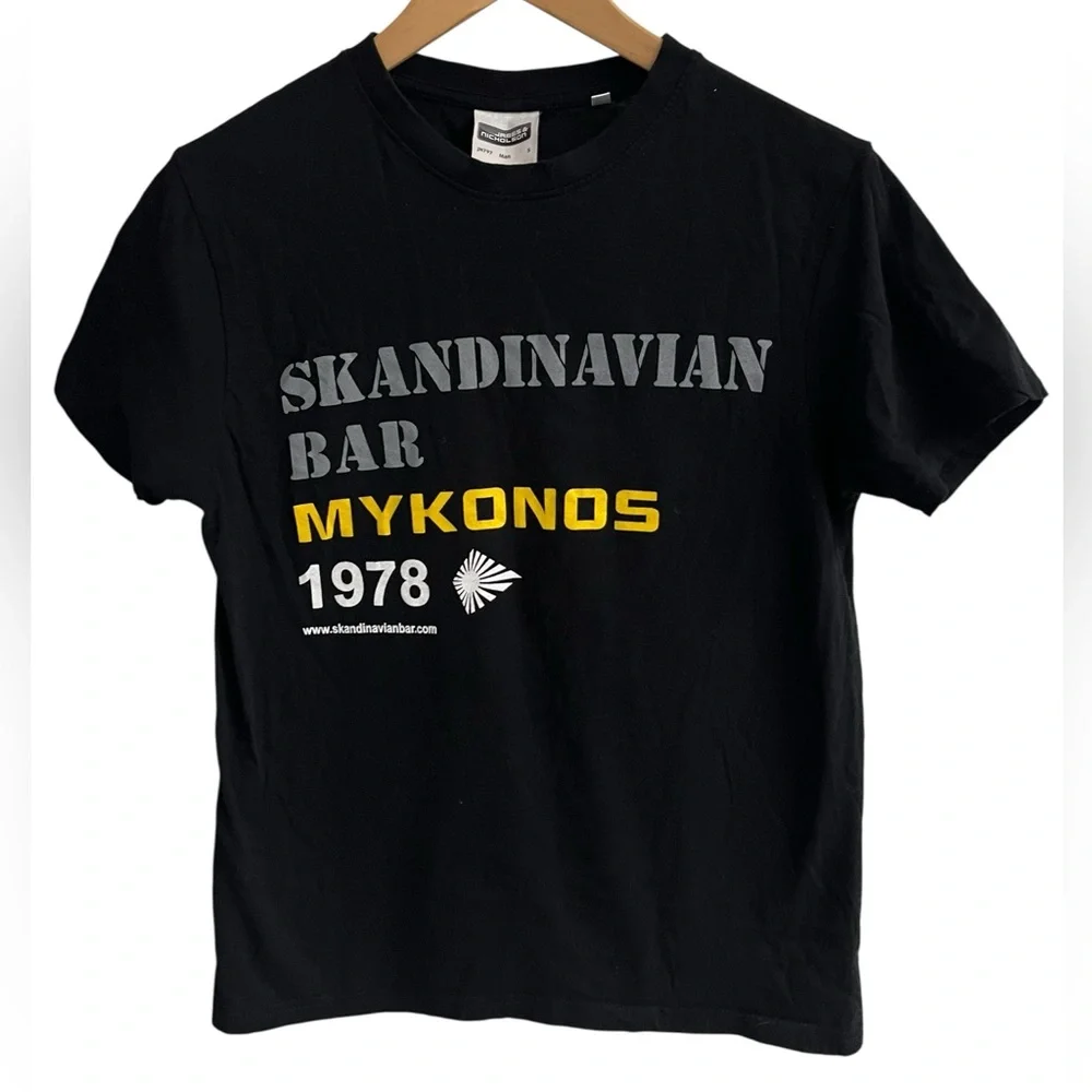 SKANDINAVIAN BAR Club Disco Mykonos Greece 1978 Party Graphic Black T-Shirt Sz S